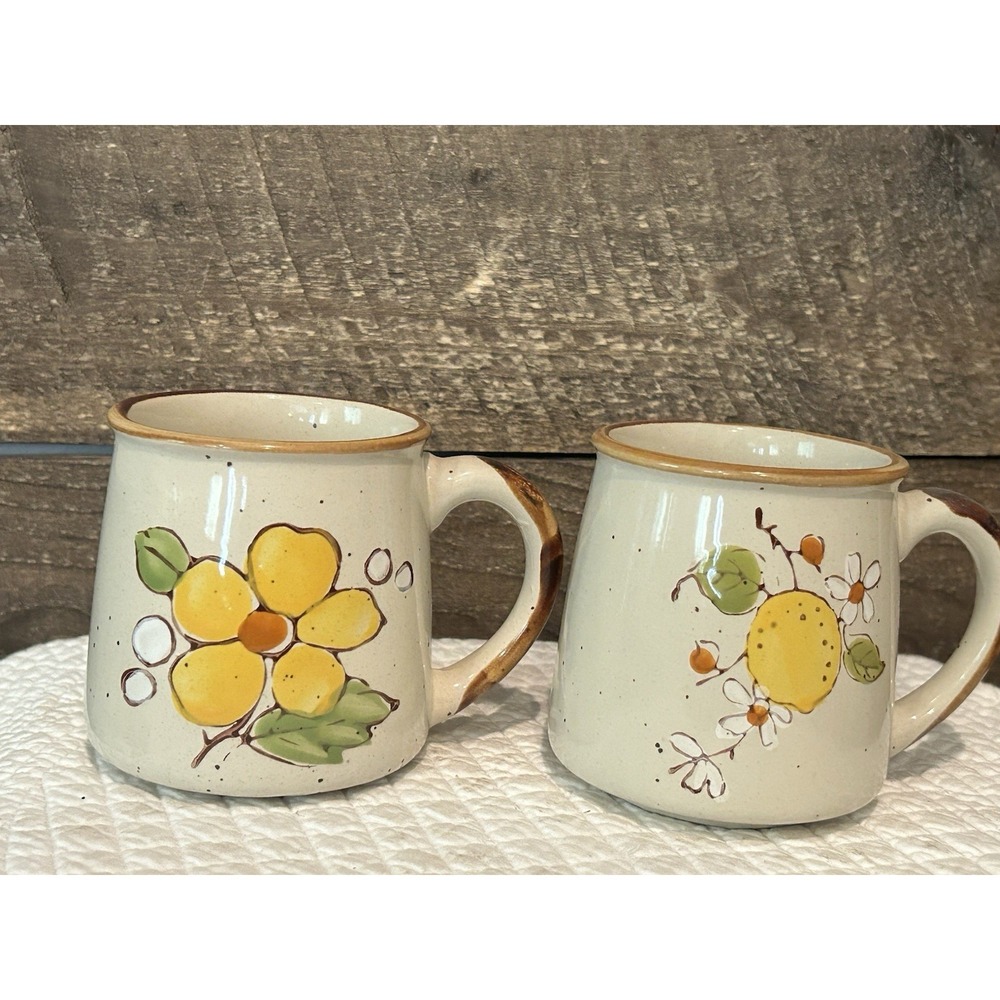 Vintage Hand-Painted Mug Lemon & Floral Speckled Pottery Norleans (Korea)‎ Set